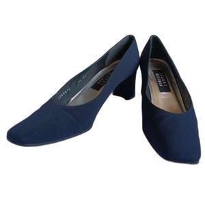 Stuart Weitzman Vintage Square Tow Low Block Heels Pumps Navy Blue 7.5